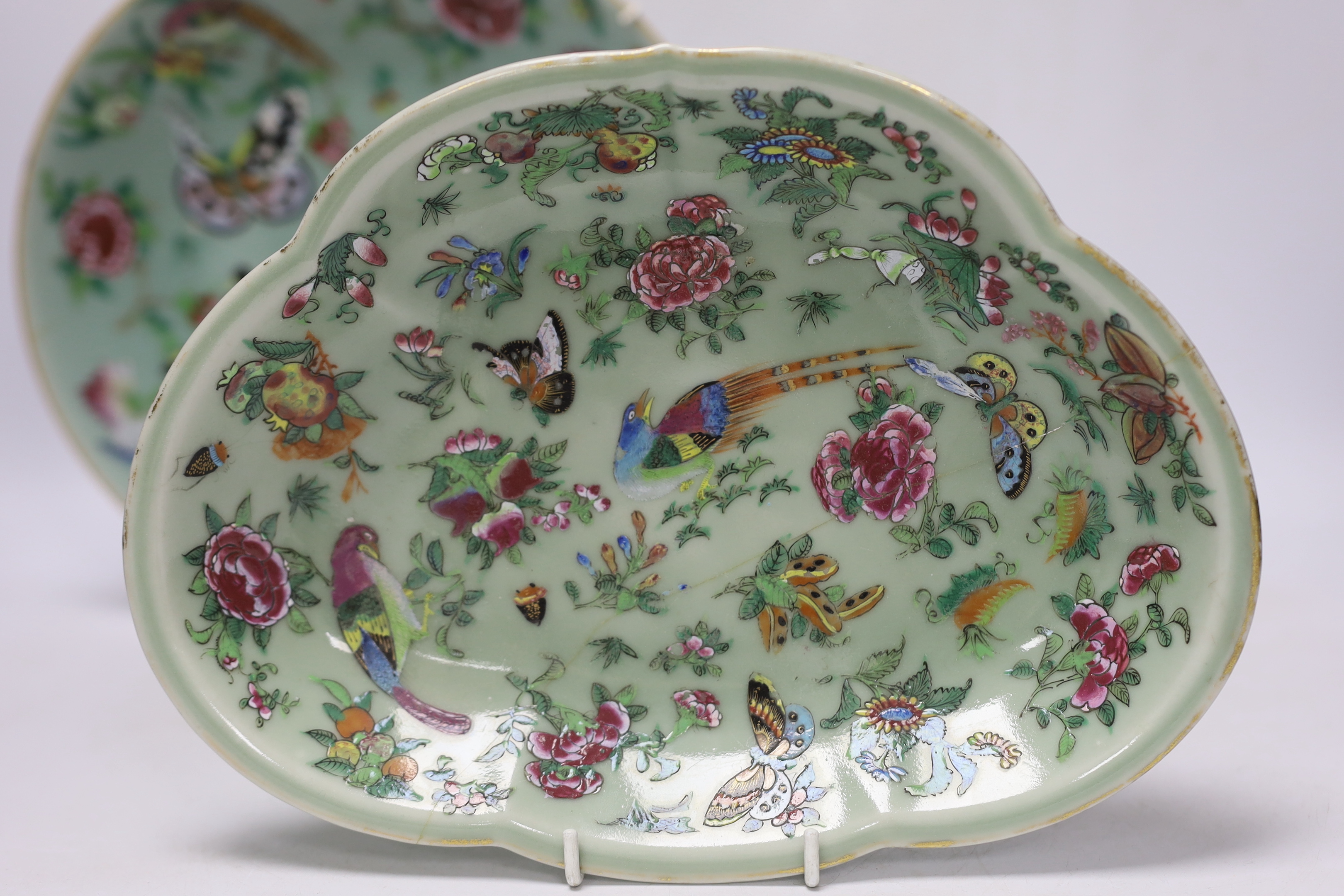 Eight 19th century Chinese celadon glazed famille rose dishes, largest 26cm